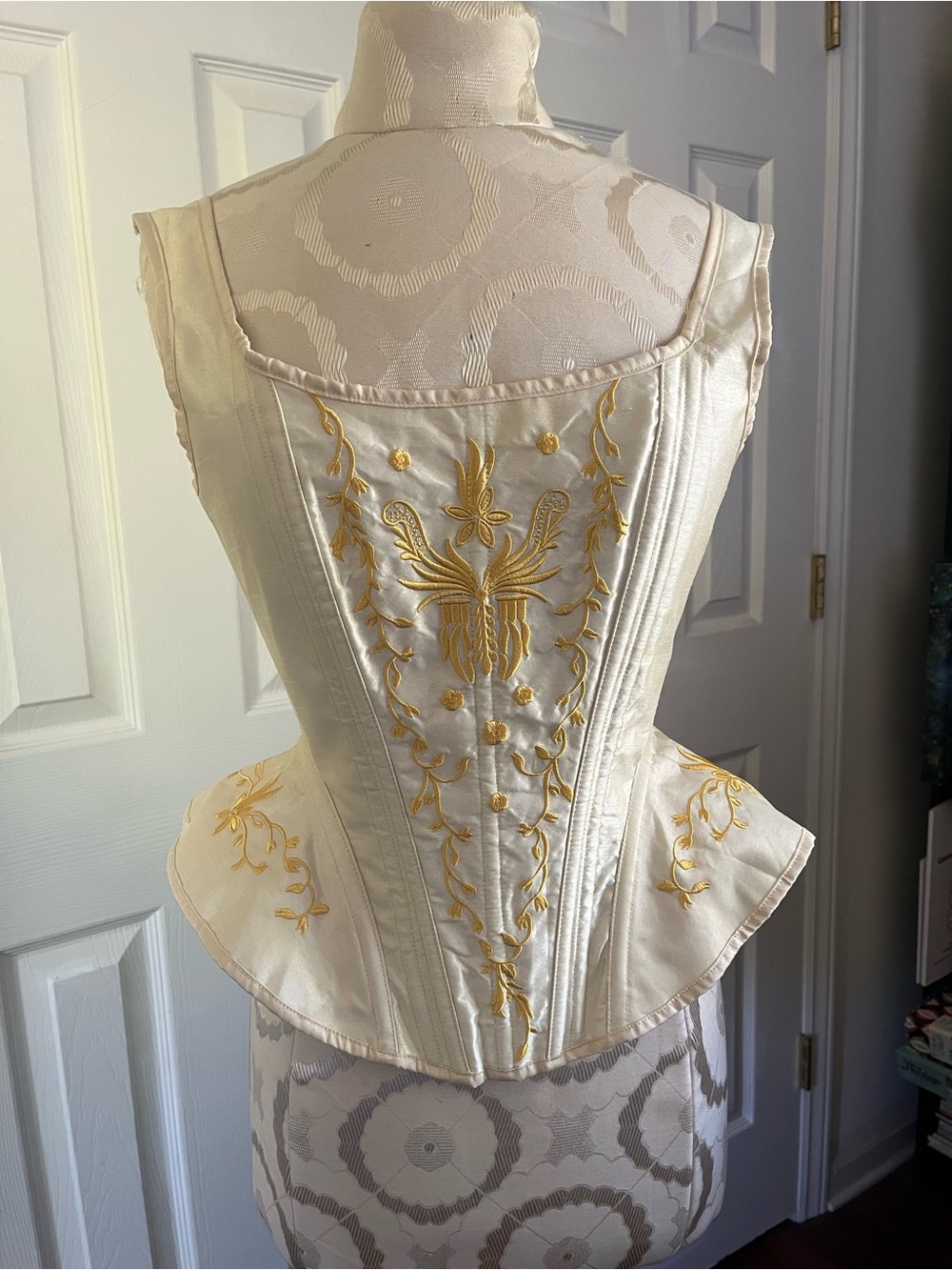 Ivory Satin Corset Top with Gold Embroidery - Women’s Size M